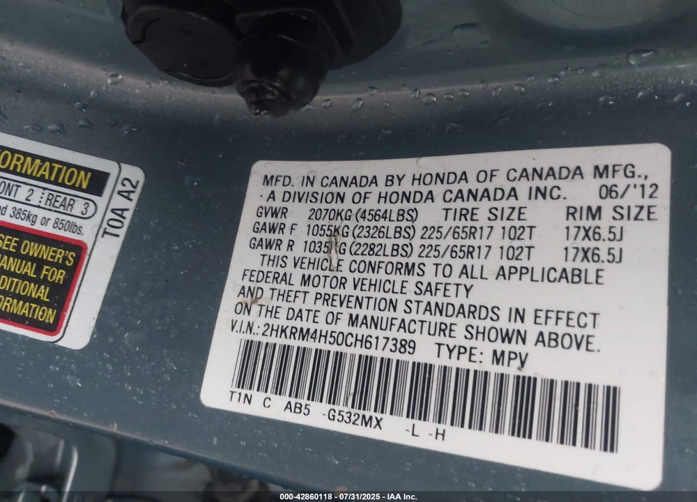 2012 HONDA CR-V VIN: 2HKRM4H50CH617389