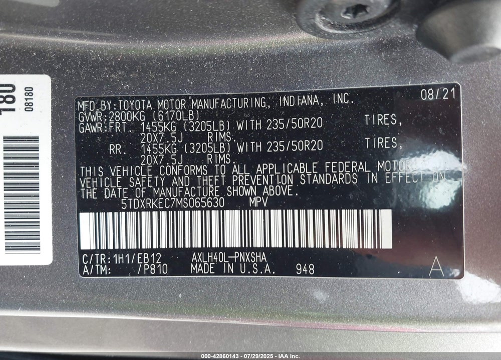 2021 TOYOTA SIENNA XSE VIN: 5TDXRKEC7MS065630