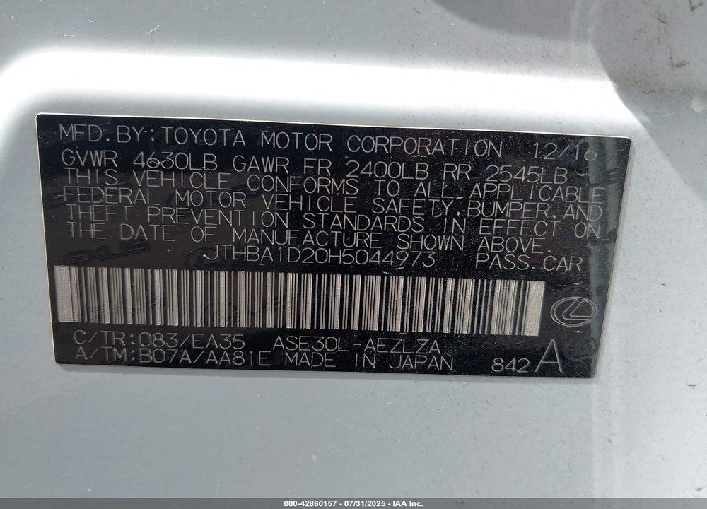 2017 LEXUS IS 200T VIN: JTHBA1D20H5044973