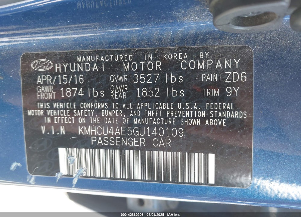2016 HYUNDAI ACCENT VIN: KMHCU4AE5GU140109