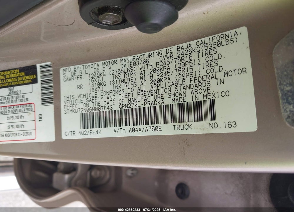 2006 TOYOTA TACOMA PRERUNNER V6 VIN: 3TMKU72N06M007843