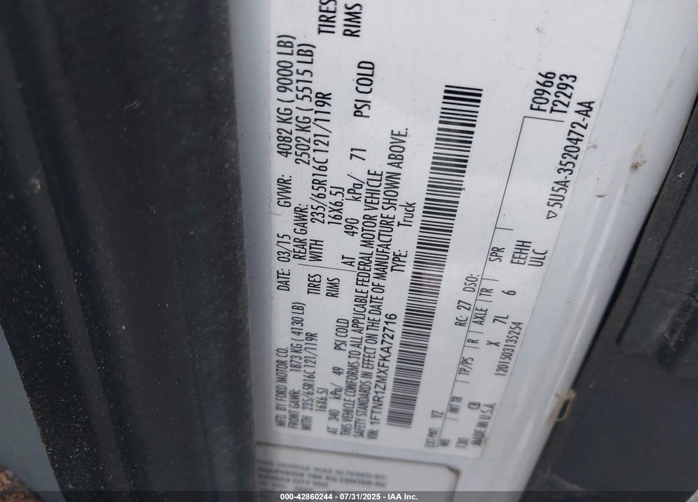 2015 FORD TRANSIT-250 VIN: 1FTNR1ZMXFKA72716