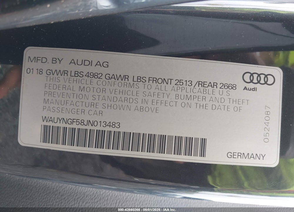 2018 AUDI A5 VIN: WAUYNGF58JN013483