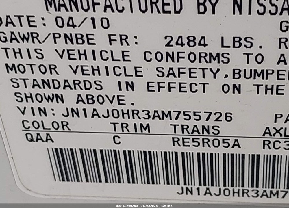 2010 INFINITI EX35 VIN: JN1AJ0HR3AM755726