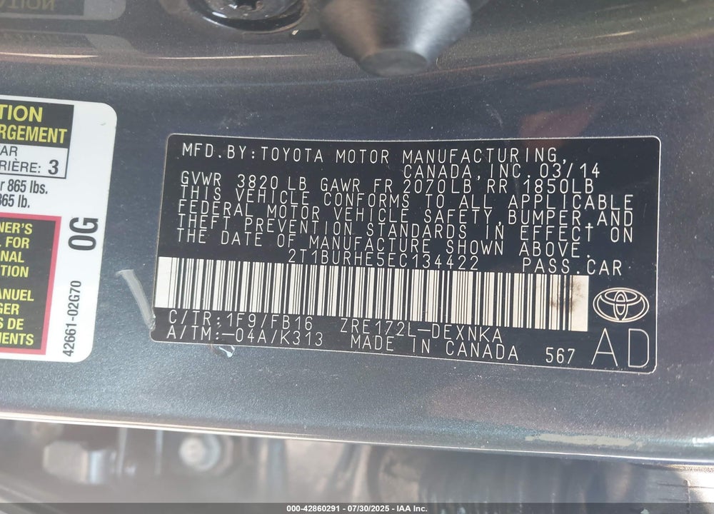 2014 TOYOTA COROLLA VIN: 2T1BURHE5EC134422