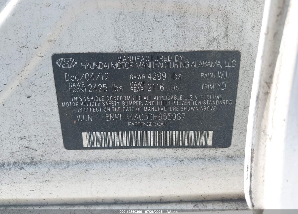 2013 HYUNDAI SONATA VIN: 5NPEB4AC3DH655987