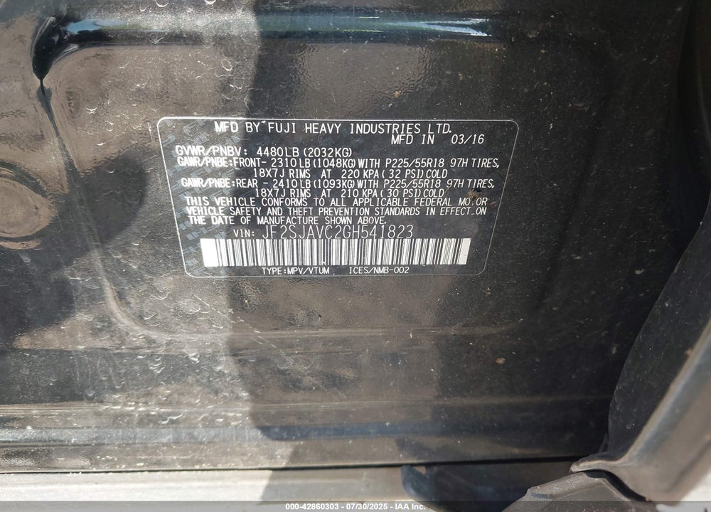 2016 SUBARU FORESTER VIN: JF2SJAVC2GH541823