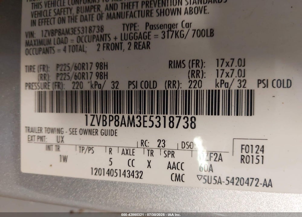 2014 FORD ALL MODELS VIN: 1ZVBP8AM3E5318738