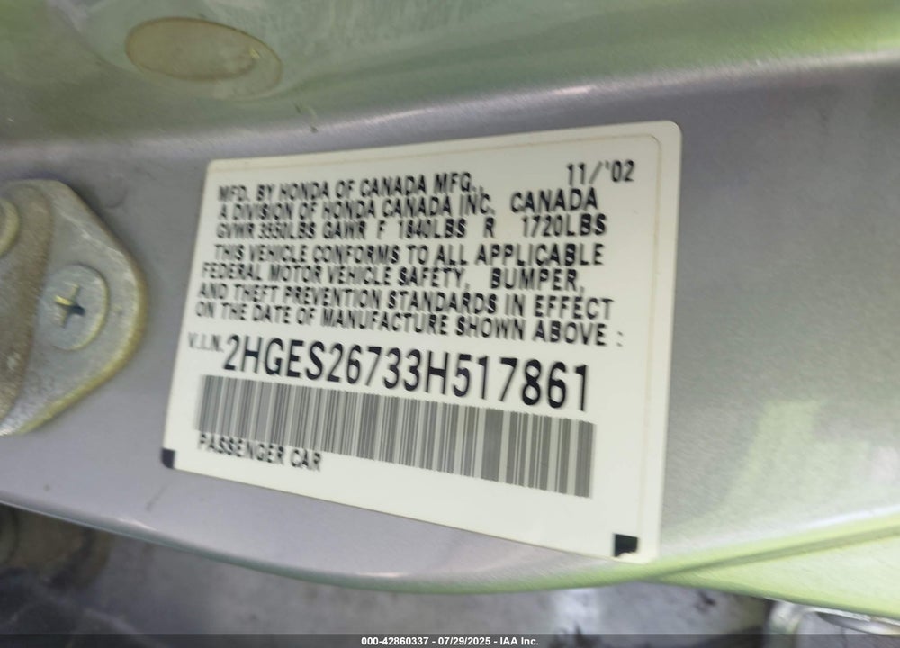 2003 HONDA CIVIC VIN: 2HGES26733H517861