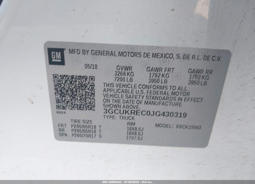 2018 CHEVROLET SILVERADO 1500 VIN: 3GCUKREC0JG430319