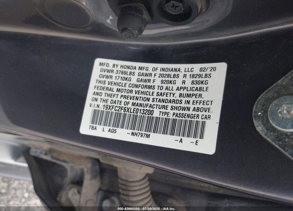 2020 HONDA CIVIC VIN: 19XFC2F6XLE013200