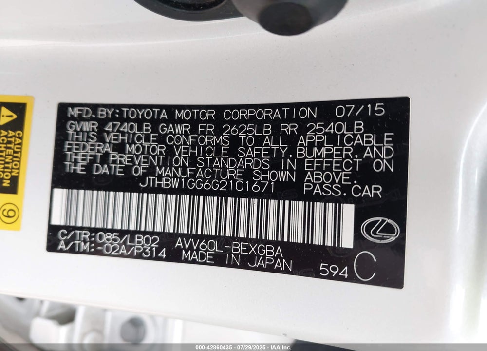 2016 LEXUS ES 300H VIN: JTHBW1GG6G2101671