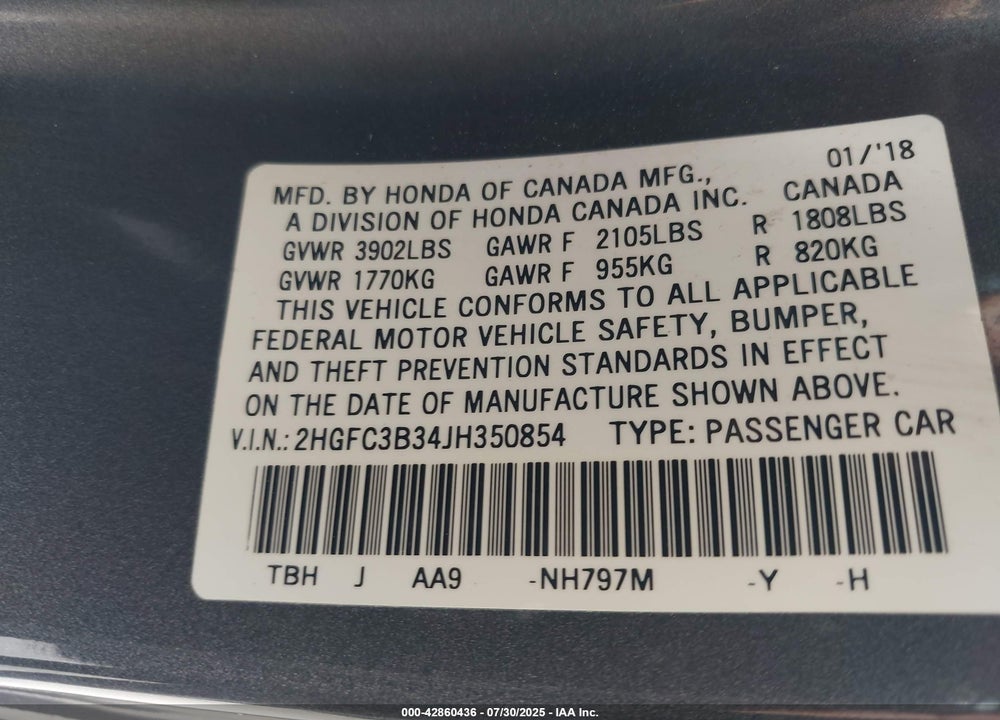 2018 HONDA CIVIC EX-T VIN: 2HGFC3B34JH350854