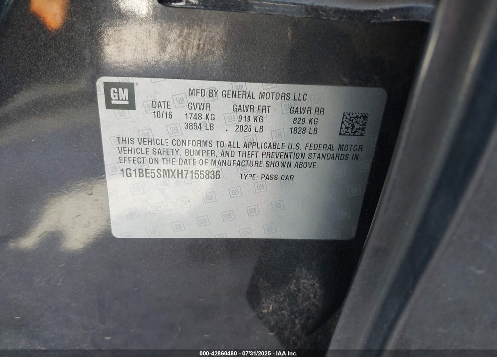 2017 CHEVROLET CRUZE VIN: 1G1BE5SMXH7155836