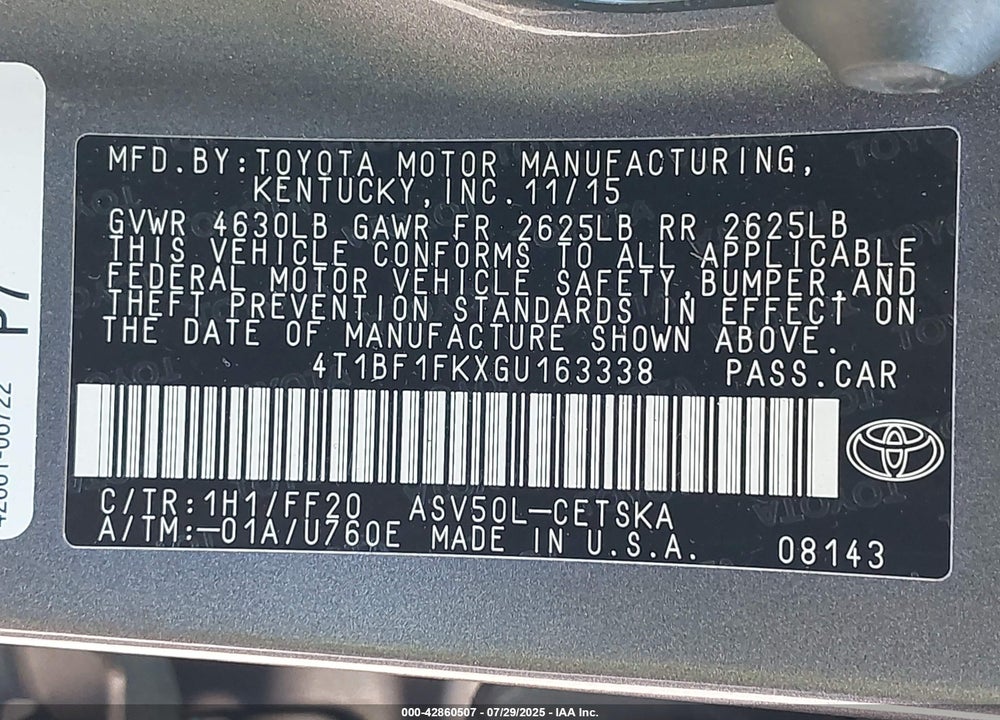2016 TOYOTA CAMRY SE VIN: 4T1BF1FKXGU163338