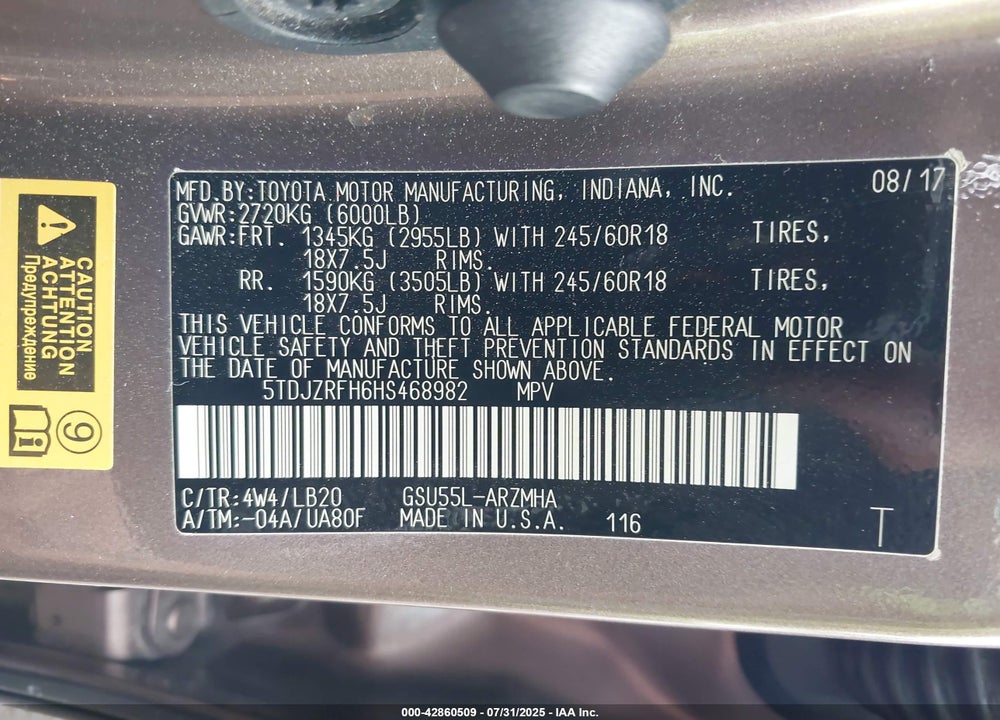 2017 TOYOTA HIGHLANDER XLE VIN: 5TDJZRFH6HS468982