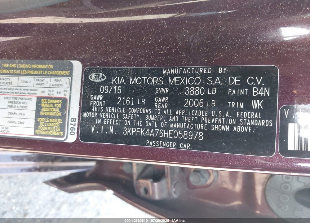 2017 KIA FORTE VIN: 3KPFK4A76HE058978