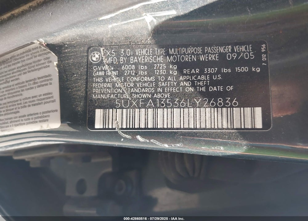 2006 BMW X5 VIN: 5UXFA13536LY26836