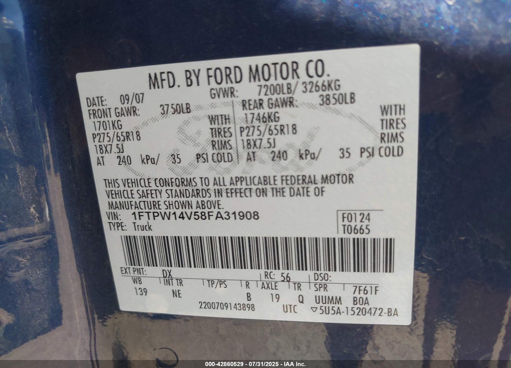 2008 FORD F-150 VIN: 1FTPW14V58FA31908