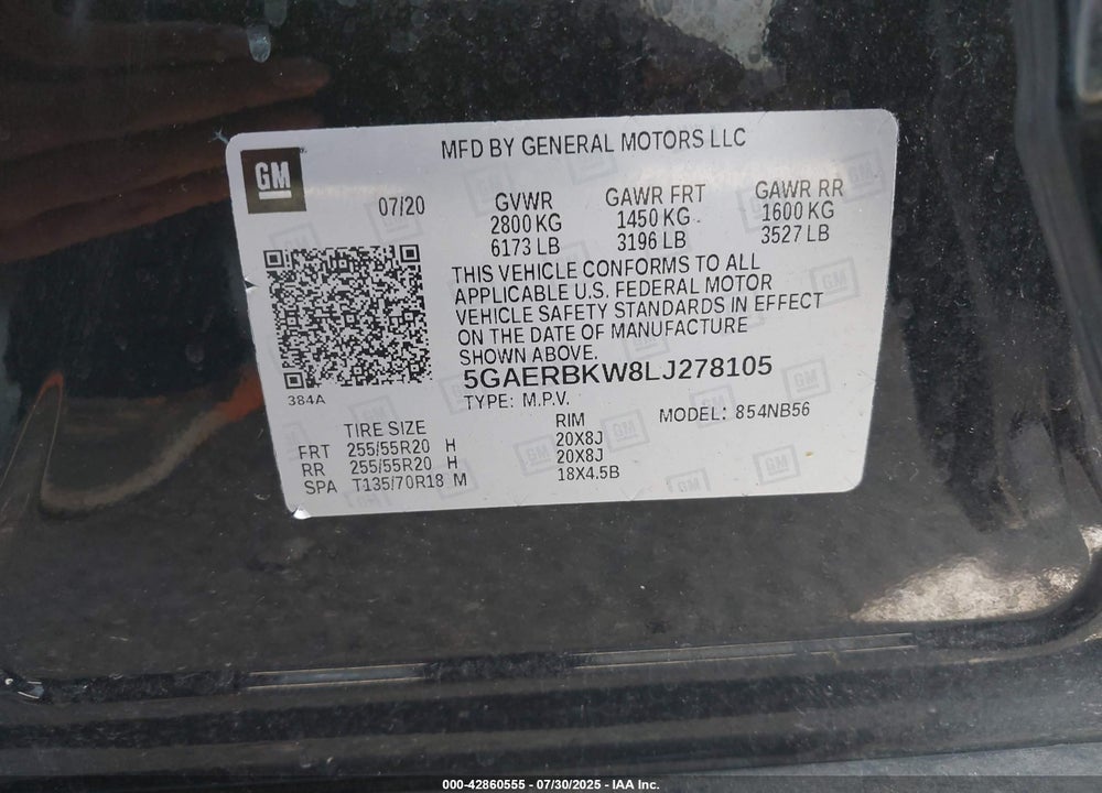 2020 BUICK ENCLAVE VIN: 5GAERBKW8LJ278105