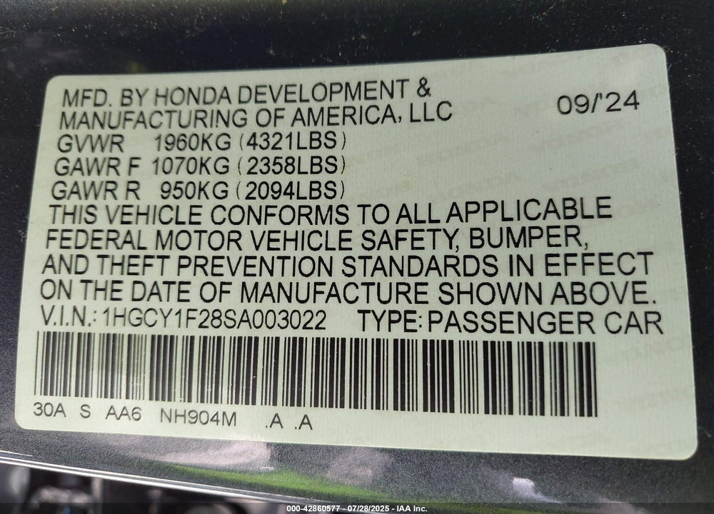 2025 HONDA ACCORD VIN: 1HGCY1F28SA003022