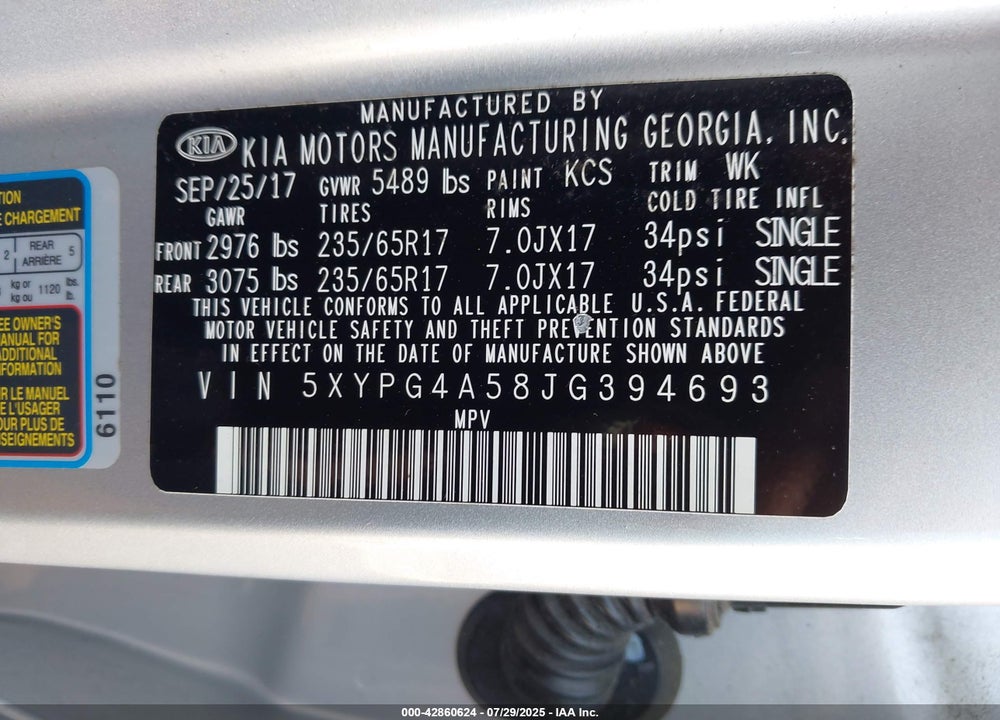 2018 KIA SORENTO VIN: 5XYPG4A58JG394693