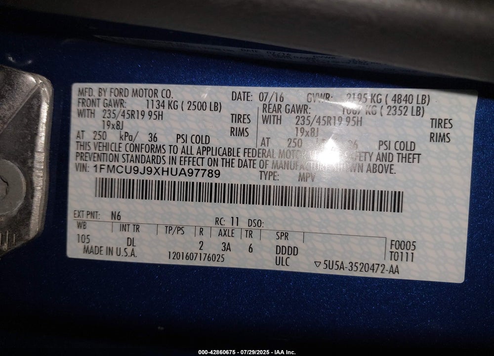 2017 FORD ESCAPE TITANIUM VIN: 1FMCU9J9XHUA97789