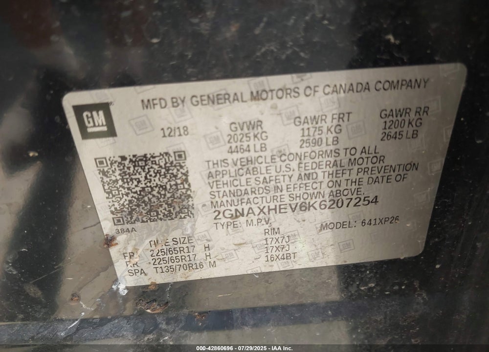 2019 CHEVROLET EQUINOX VIN: 2GNAXHEV6K6207254