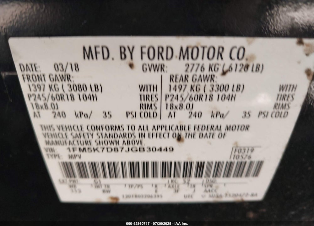 2018 FORD EXPLORER VIN: 1FM5K7D87JGB30449