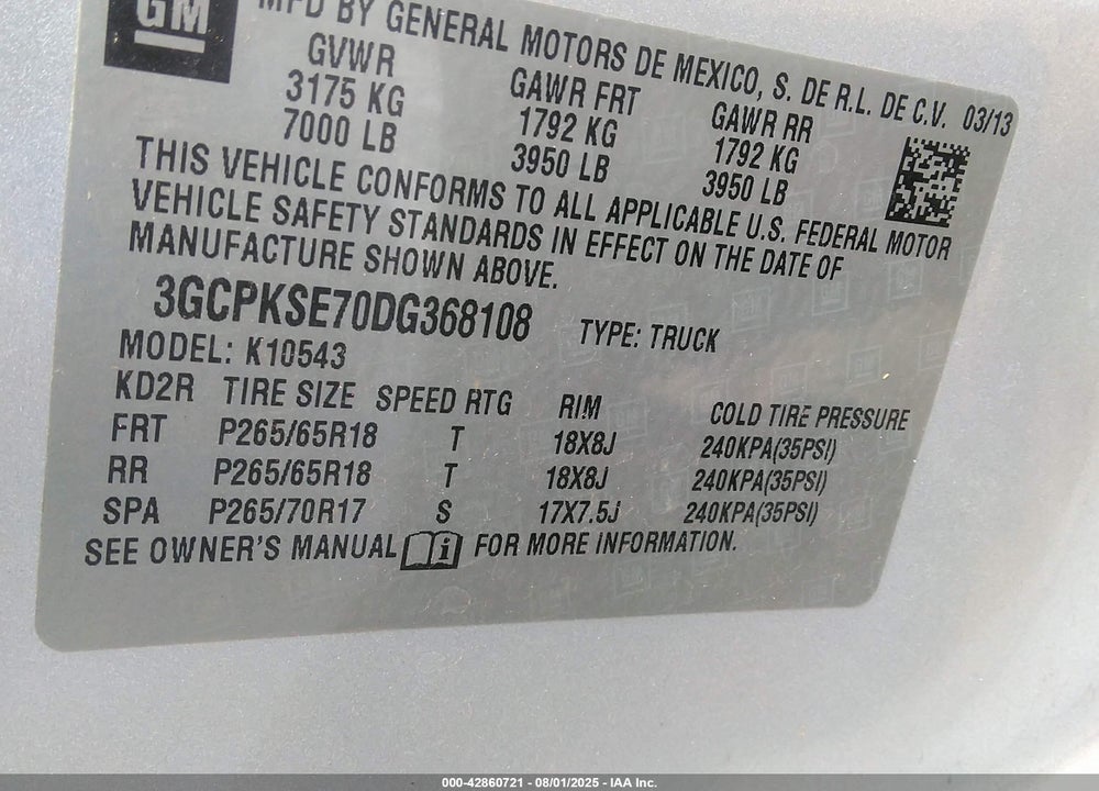 2013 CHEVROLET SILVERADO 1500 VIN: 3GCPKSE70DG368108
