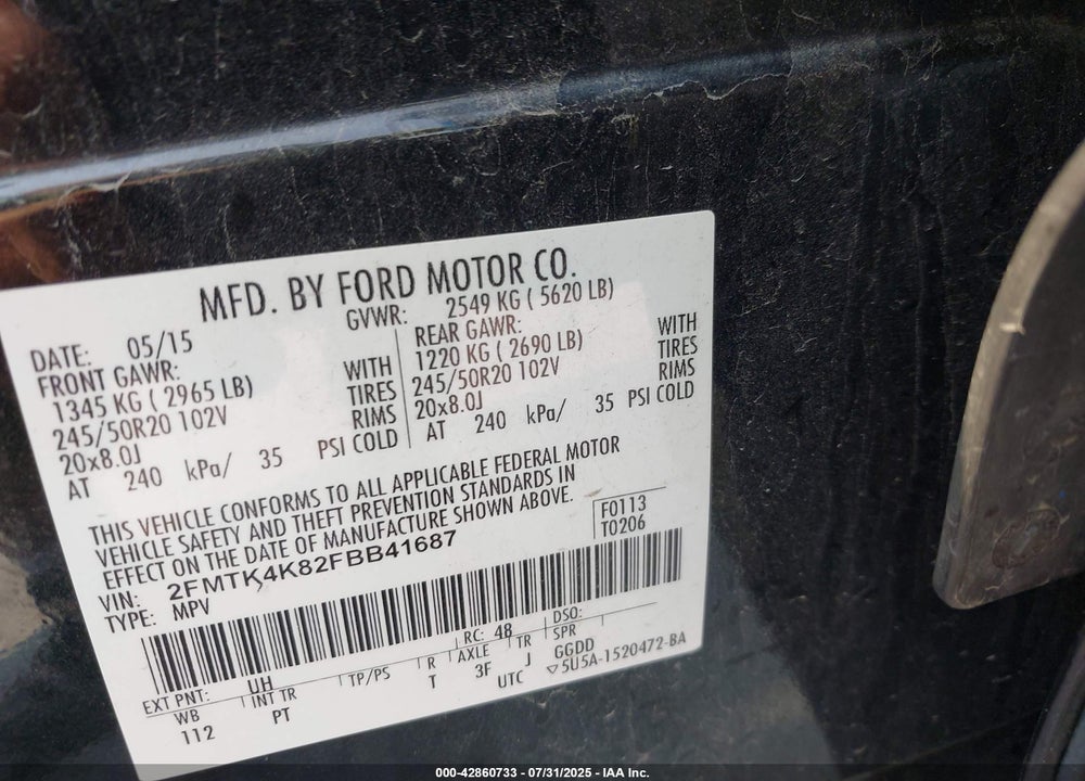 2015 FORD EDGE TITANIUM VIN: 2FMTK4K82FBB41687