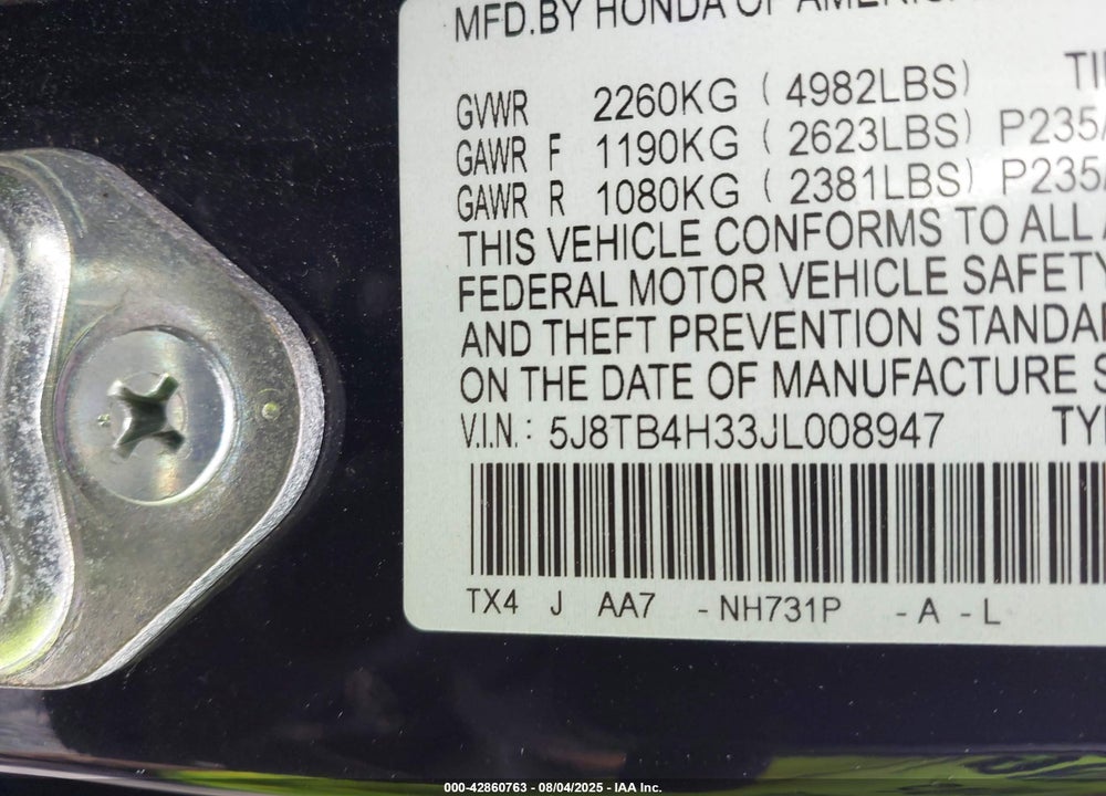2018 ACURA RDX VIN: 5J8TB4H33JL008947