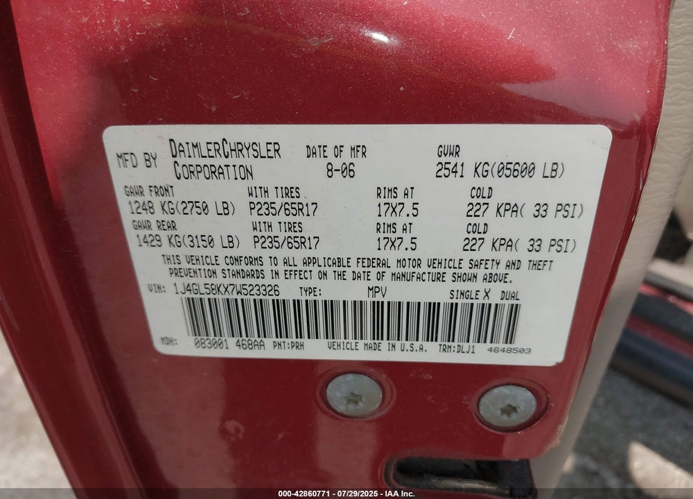 2007 JEEP LIBERTY VIN: 1J4GL58KX7W523326