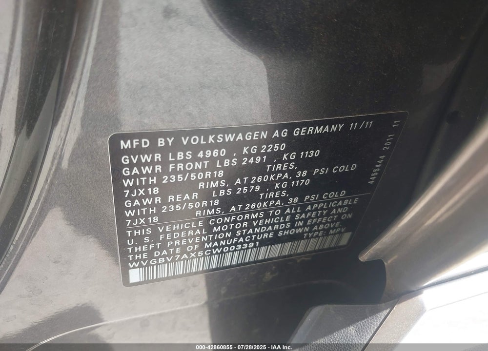 2012 VOLKSWAGEN TIGUAN VIN: WVGBV7AX5CW003391