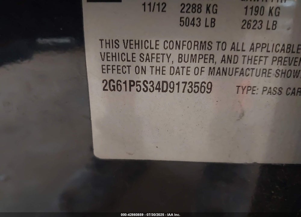 2013 CADILLAC XTS VIN: 2G61P5S34D9173569