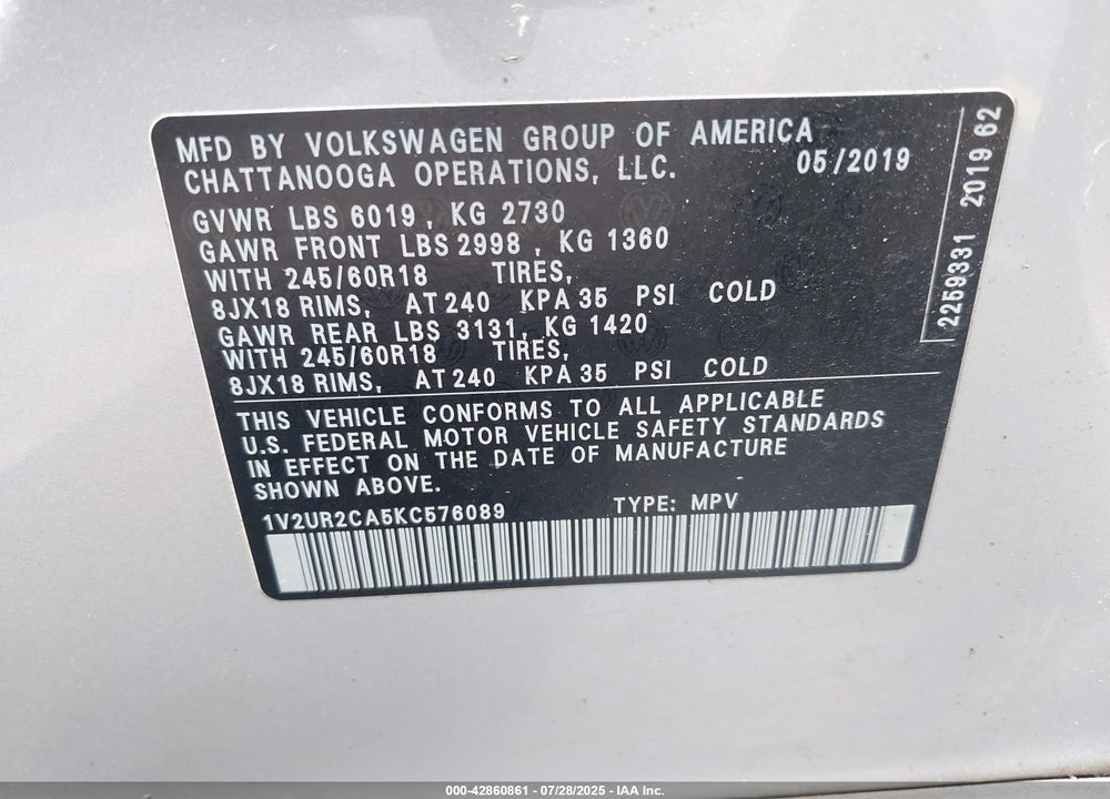 2019 VOLKSWAGEN ATLAS VIN: 1V2UR2CA5KC576089