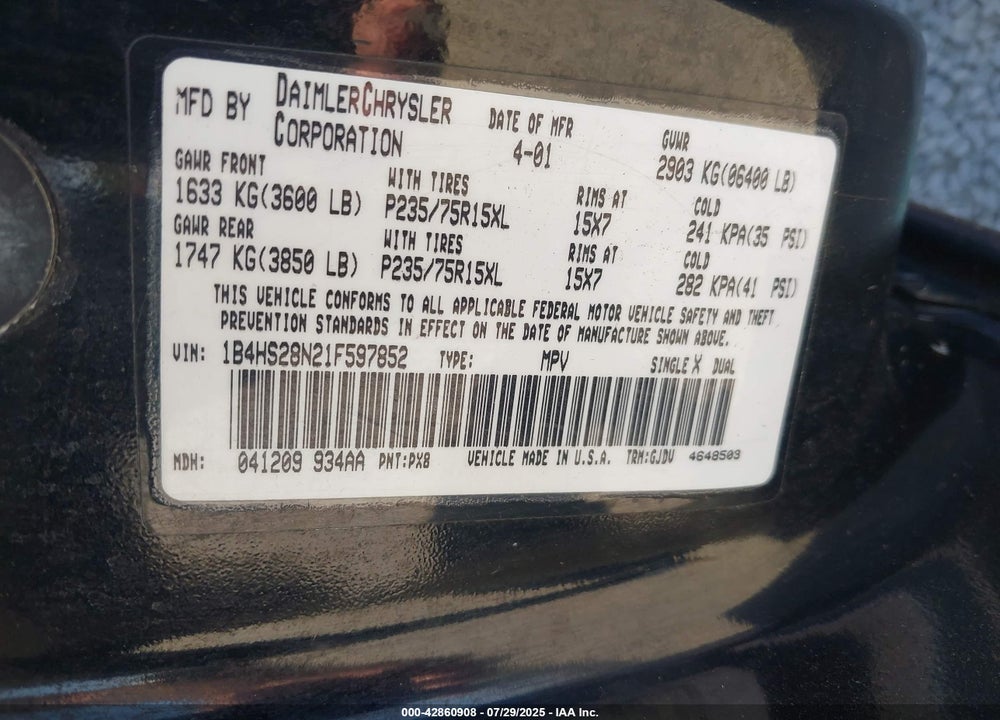 2001 DODGE DURANGO VIN: 1B4HS28N21F597852