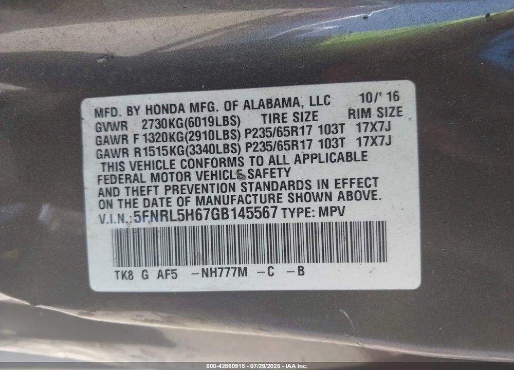 2016 HONDA ODYSSEY EX-L VIN: 5FNRL5H67GB145567