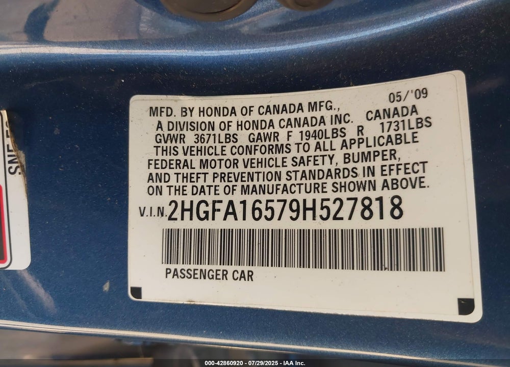 2009 HONDA CIVIC LX VIN: 2HGFA16579H527818