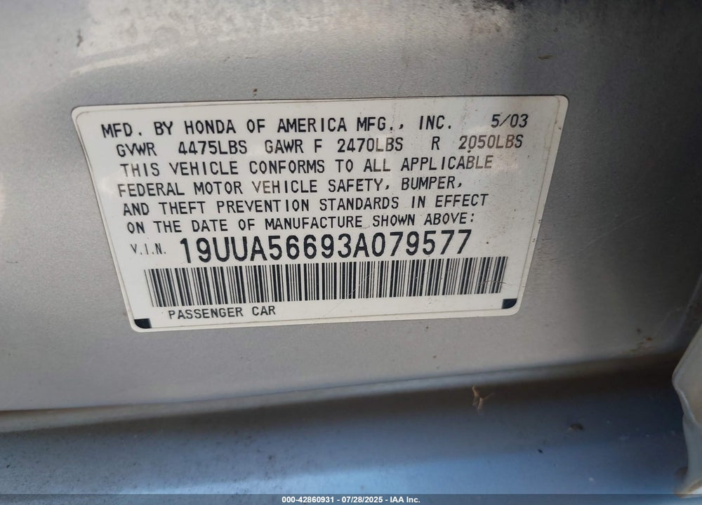 2003 ACURA TL 3.2 VIN: 19UUA56693A079577