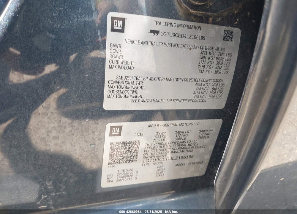 2020 GMC SIERRA 1500 VIN: 1GTU9CED4LZ106195