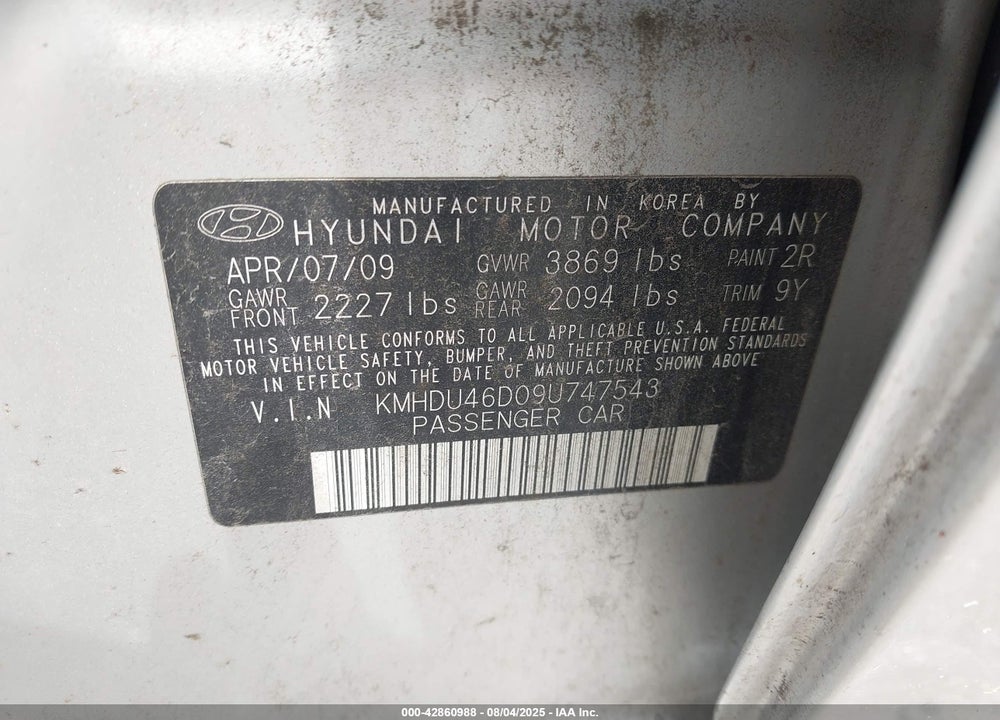 2009 HYUNDAI ELANTRA GLS VIN: KMHDU46D09U747543