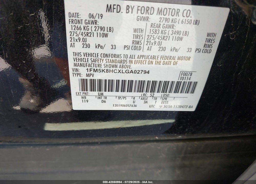 2020 FORD EXPLORER PLATINUM VIN: 1FM5K8HCXLGA02794