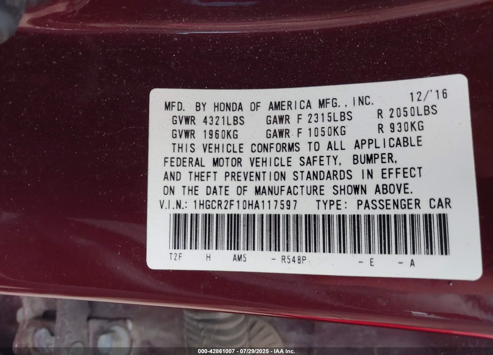 2017 HONDA ACCORD SPORT SE VIN: 1HGCR2F10HA117597