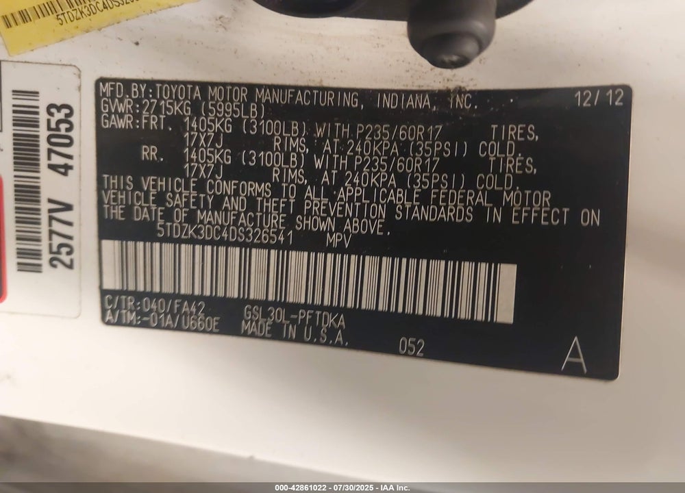 2013 TOYOTA SIENNA VIN: 5TDZK3DC4DS326541