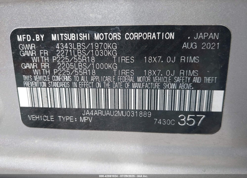 2021 MITSUBISHI OUTLANDER SPORT VIN: JA4ARUAU2MU031889