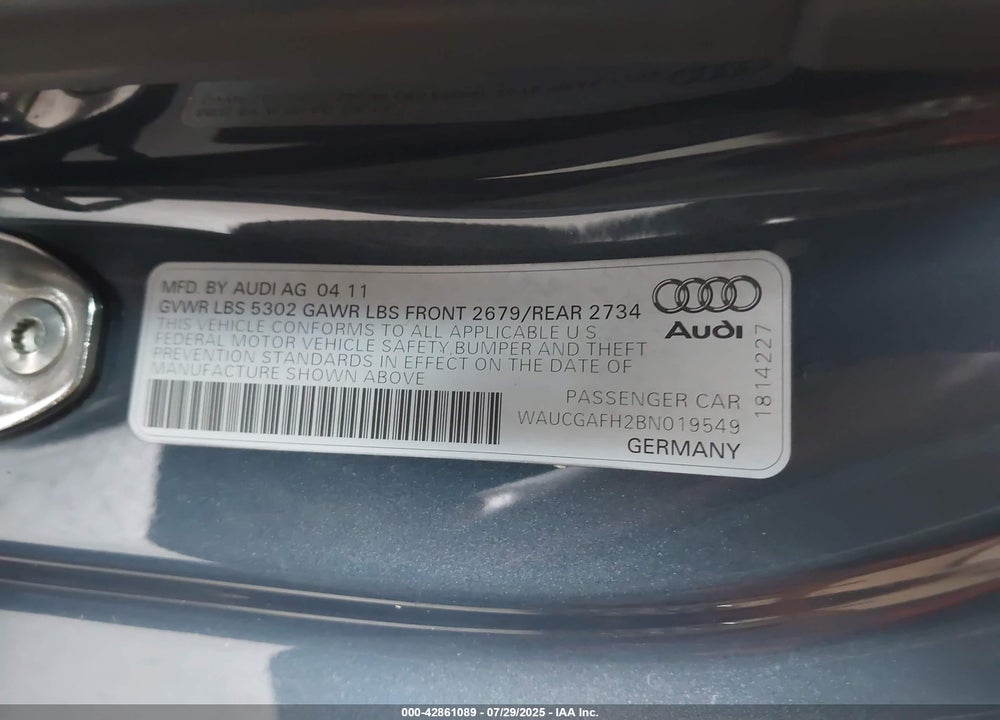 2011 AUDI S5 VIN: WAUCGAFH2BN019549
