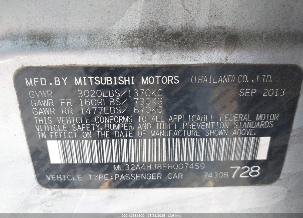 2014 MITSUBISHI MIRAGE VIN: ML32A4HJ8EH007459