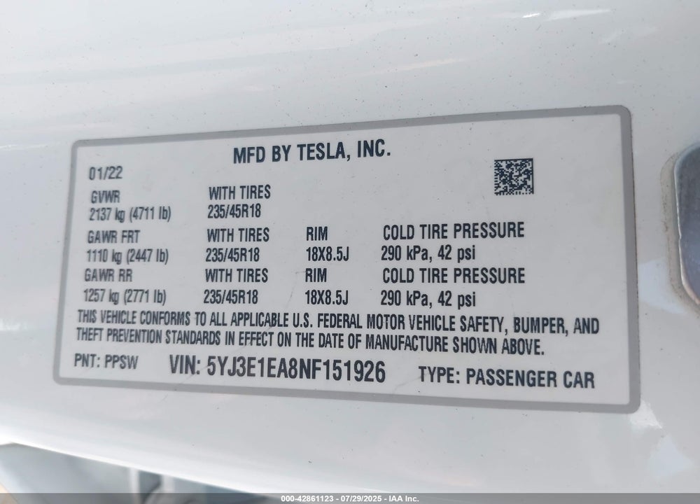 2022 TESLA MODEL 3 VIN: 5YJ3E1EA8NF151926