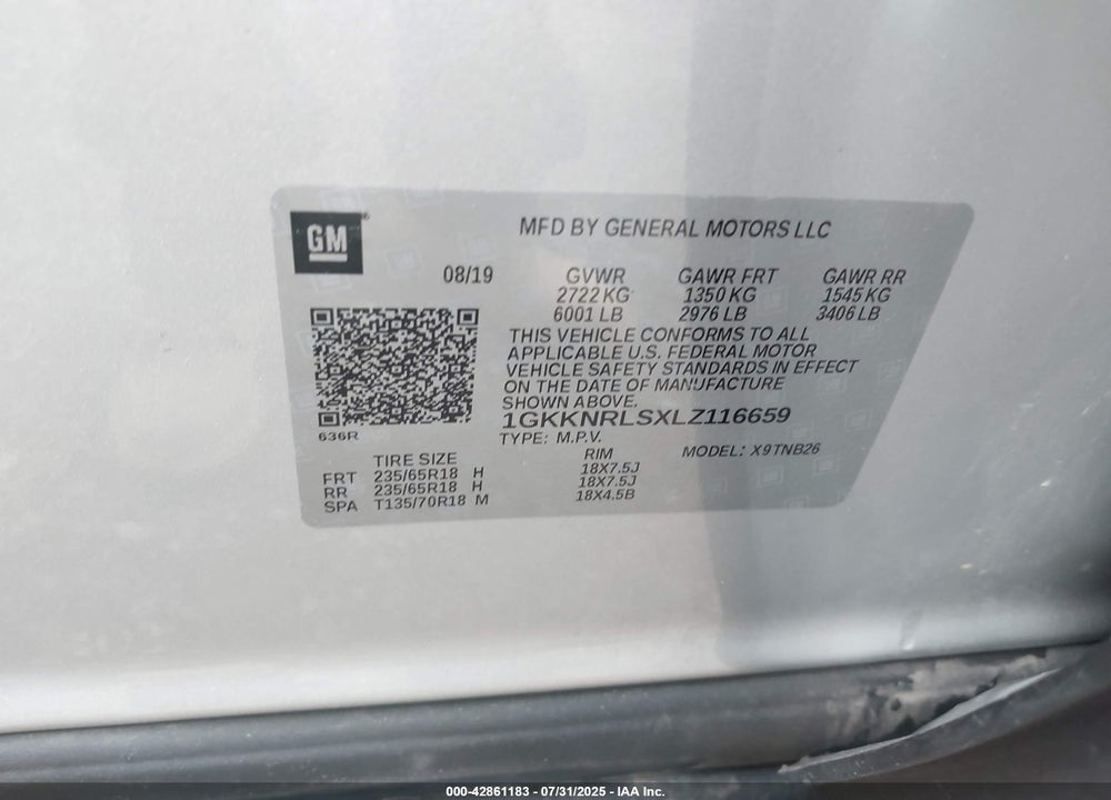 2020 GMC ACADIA VIN: 1GKKNRLSXLZ116659